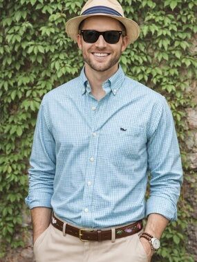 VINEYARD VINES Blue/Green Preppy Plaid Classic Fit Tucker Button Front Oxford, M